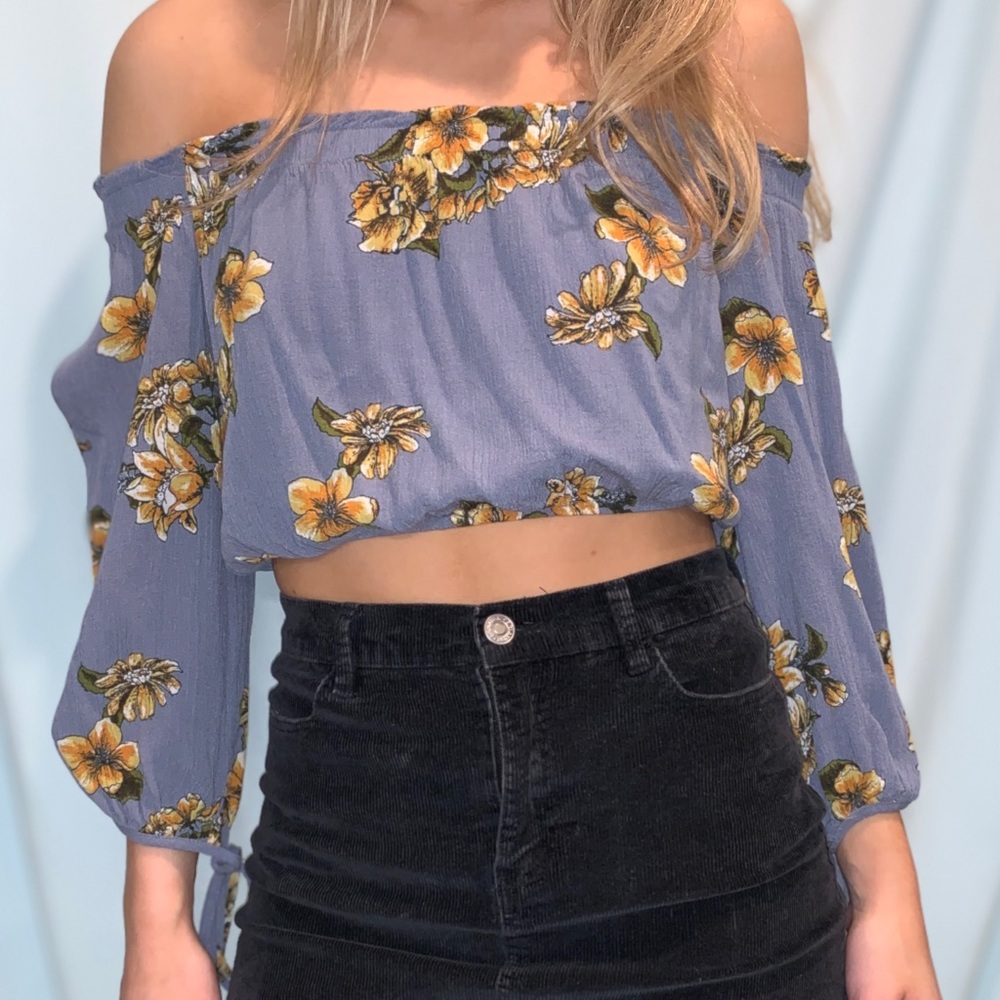 Off-the-Shoulder, 3/4 Sleeve, Floral Crop Top
